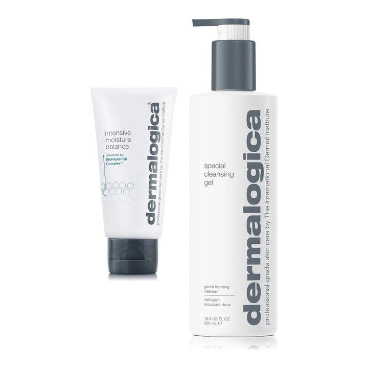 Dermalogica Special Cleansing Gel og Intensive Moisture Balance renser og fukter i hvit pumpeflaske og tube.