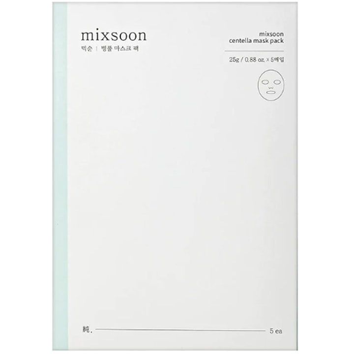 Mixsoon Centella Mask Pack 5 stk 25 g beroligende sheet maske i hvit minimalistisk eske med enkel tekst