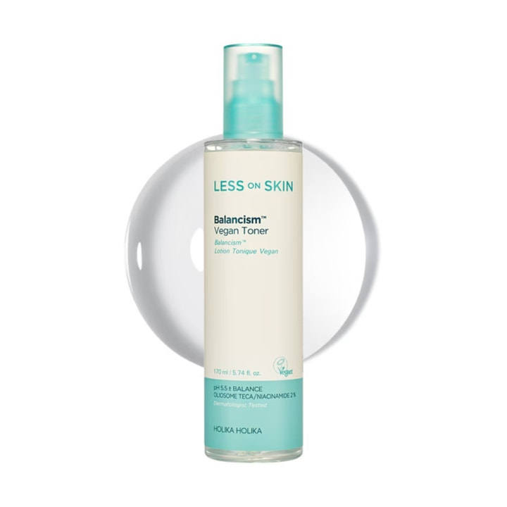 Holika Holika Less On Skin Balancism Vegan Toner 170 ml balanserende ansiktsvann med niacinamid i pumpeflaske med turkis kork