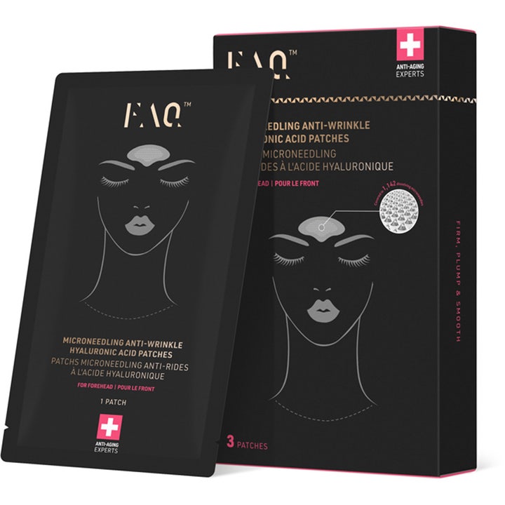 FAQ Microneedling Anti-Wrinkle Hyaluronic Acid Patches 3 stk mot rynker i sort eske med illustrasjon av ansikt.