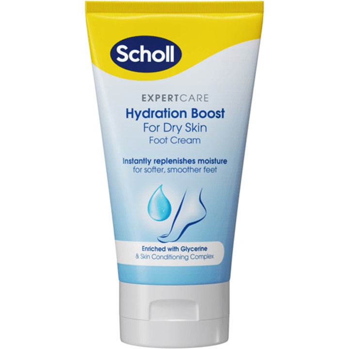 Scholl ExpertCare Hydration Boost fotkrem som pleier tørr hud i en hvit og blå tube med gult lokk.