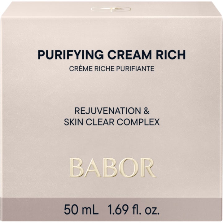 Babor Purifying Cream rich 50 ml mattende ansiktskrem for fet og uren hud i hvit eske med lysegrønn etikett.