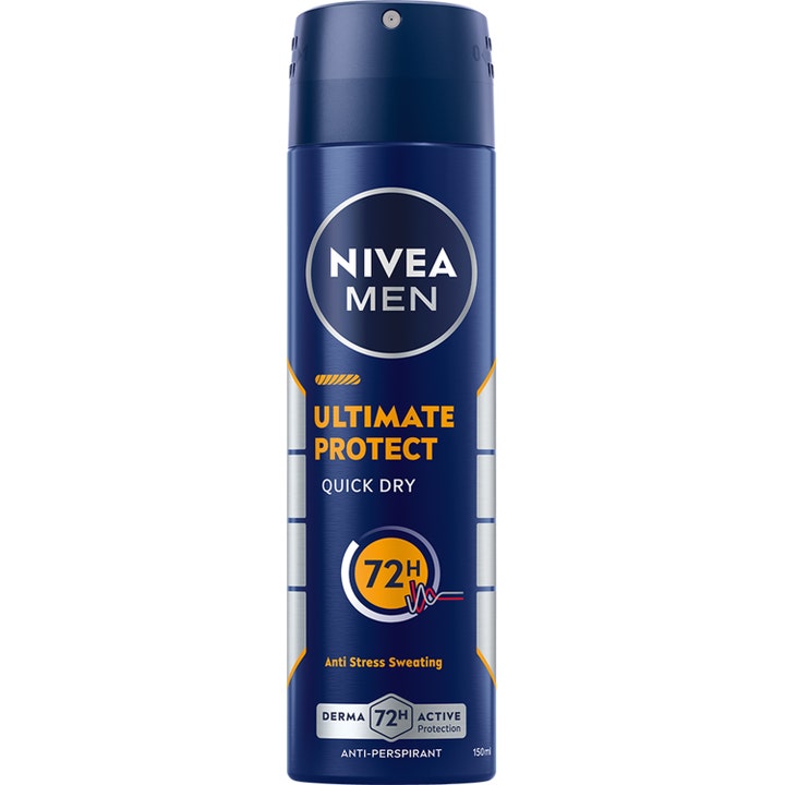 Nivea Men Ultimate Protect Quick Dry 150ml antiperspirant spray i mørkeblå flaske med oransje og sølvdetaljer.