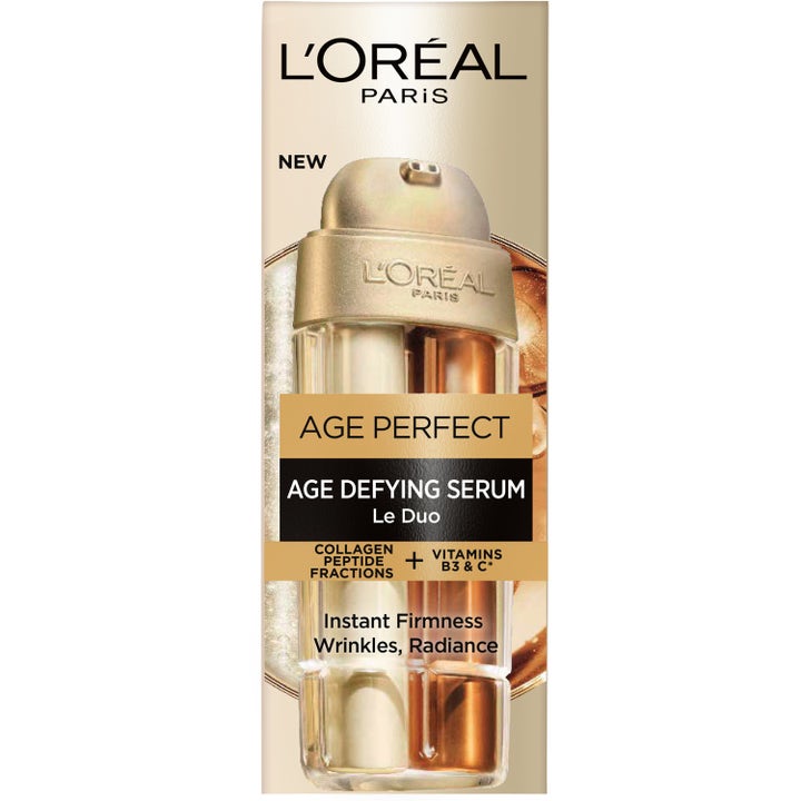 L'Oréal Paris Age Perfect Le Duo Age Defying Serum 30 ml ansiktsserum i eske med bilde av dobbelkamret gullflaske