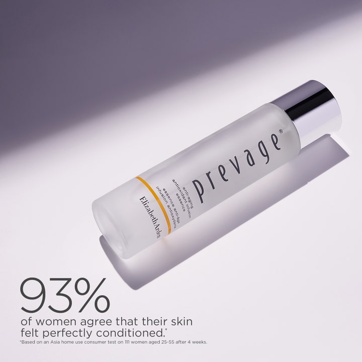 Elizabeth Arden Prevage Anti-Aging Essence 150 ml i frostet glassflaske med sølvkork gir fuktighet og pleie.