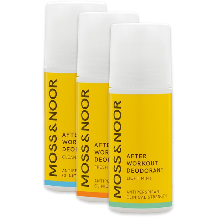 Moss & Noor After Workout Deodorant 3-pack antiperspirant mot svette med tre gule roll-on flasker og hvite korker.