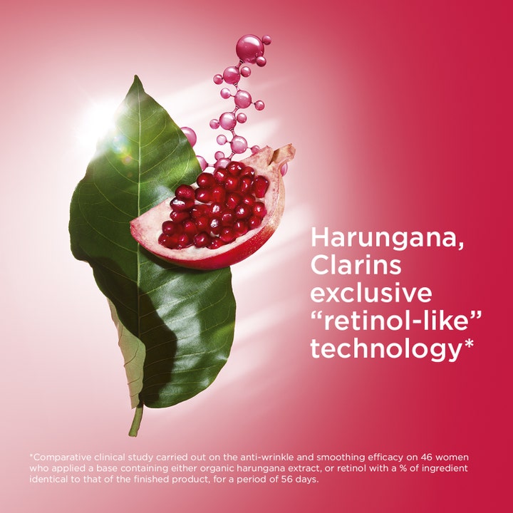 Clarins Rose Radiance Super Restorative 50 ml dagkrem med Harungana og granateple for retinol-lignende effekt.