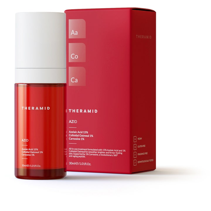 Niche Beauty Lab Theramid Azid 30 ml ansiktsserum i rød flaske og eske med 15 % azelainsyre for en jevnere hudtone