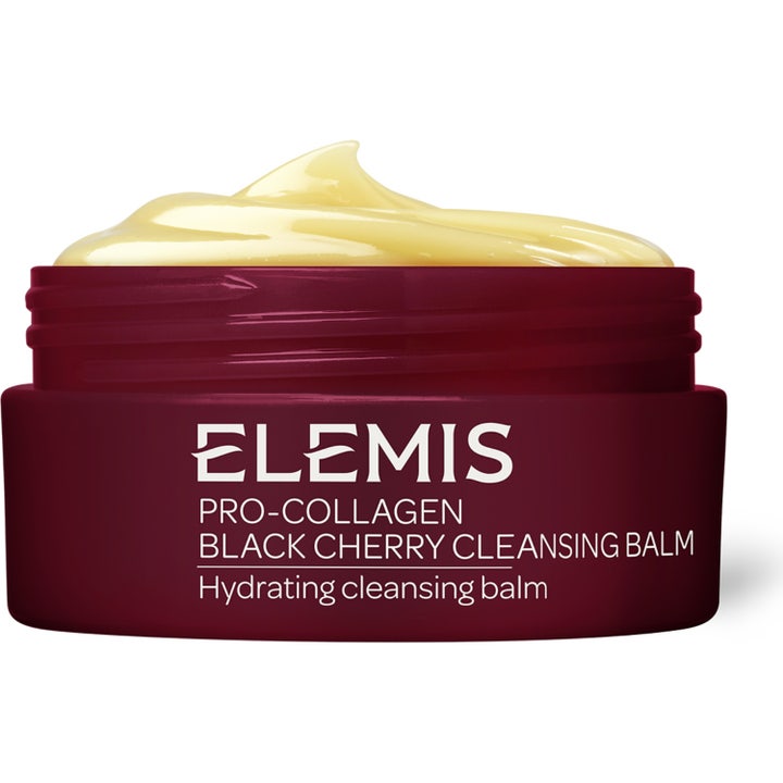 Elemis Pro-Collagen Black Cherry Cleansing Balm fuktighetsgivende rens i burgunderrød krukke med fyldig gul tekstur.