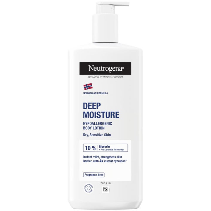 Neutrogena Deep Moisture Hypoallergenic Body Lotion fuktighetsgivende krem med glyserin i hvit pumpeflaske