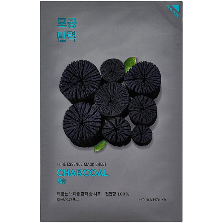 Holika Holika Pure Essence Mask Sheet Charcoal 23 ml rensende ansiktsmaske i grå sachet med motiv av kull og blader