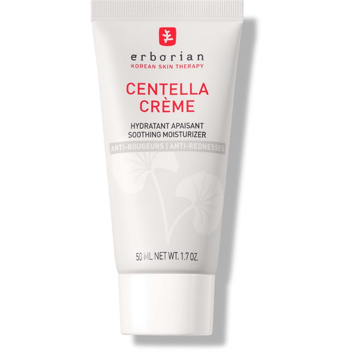 Erborian Centella Crème 50 ml beroligende ansiktskrem mot rødhet i hvit plasttube med bladmotiv og røde detaljer