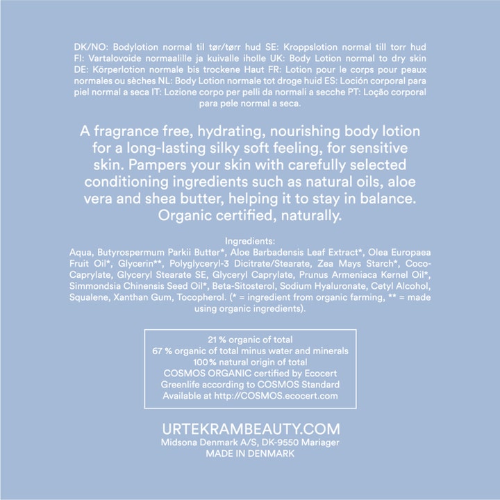 Urtekram Body Lotion Fragrance Free 245 ml fuktighetsgivende kroppskrem med baksidetekst om økologisk sertifisering.