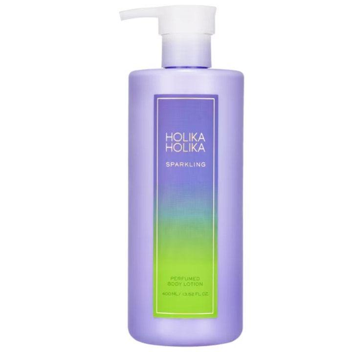 Holika Holika Sparkling Perfumed Body Lotion 400 ml fuktighetsgivende krem i lilla pumpeflaske med grønn gradient