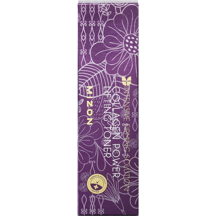 Mizon Collagen Power Lifting Toner 120 ml oppstrammende toner i lilla eske med hvitt blomstermønster
