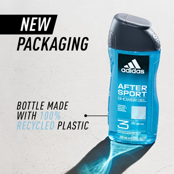 Adidas After Sport 250 ml dusjsåpe i blå flaske av resirkulert plast som gir en frisk følelse.