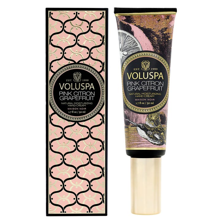 Voluspa Pink Citron Grapefruit 50 ml fuktighetsgivende håndkrem i dekorativ tube med fuglemotiv og mønstret eske.
