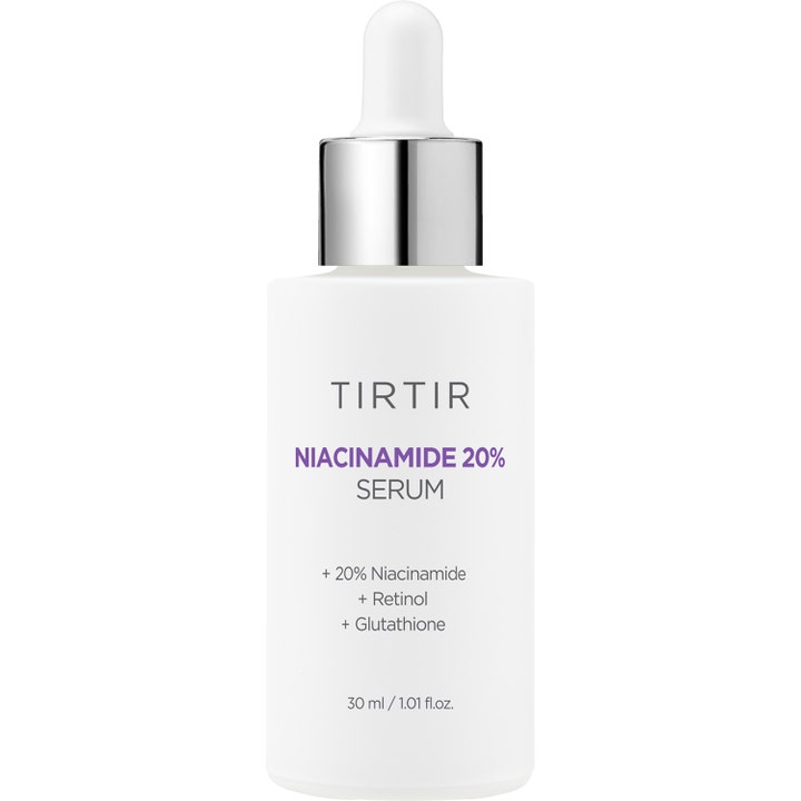 TIRTIR Niacinamide 20% Serum 30 ml ansiktsserum i hvit glassflaske med sølvfarget pipettekork