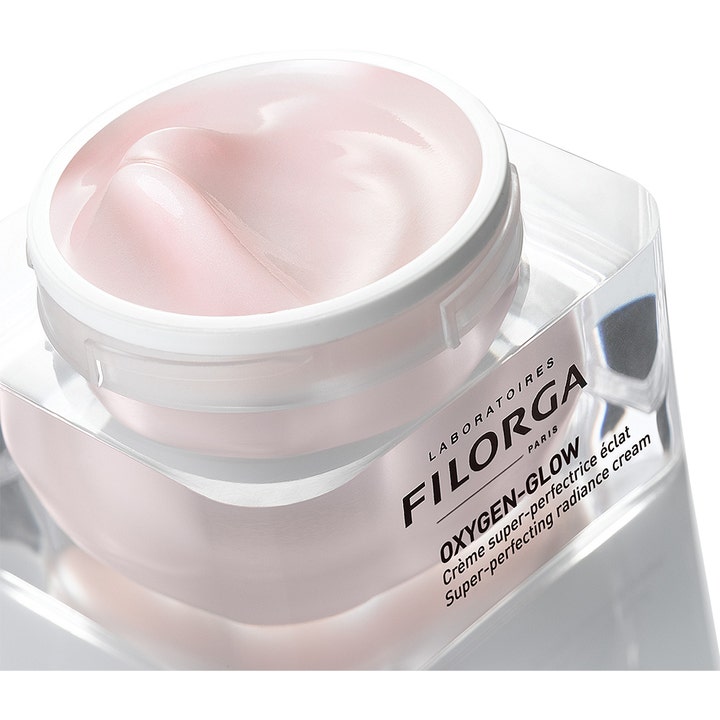 Filorga Oxygen-Glow Cream 50 ml glødgivende ansiktskrem med perlemorskimrende lyserosa tekstur i krukke