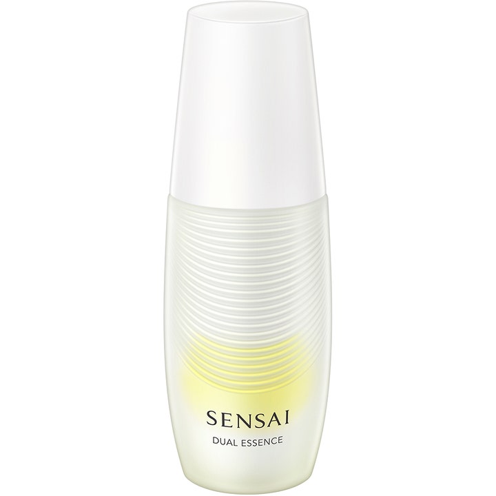 Sensai Dual Essence 30 ml glødgivende ansiktsserum i frostet glassflaske med hvitt lokk og tofaset gul olje.