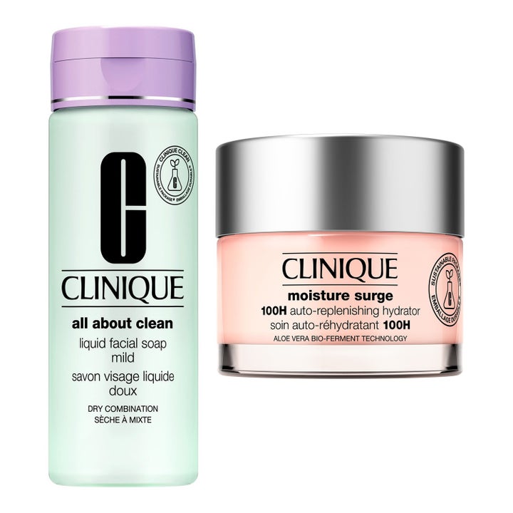 Clinique All About Clean og Moisture Surge 100H fuktighetsgivende ansiktspleie i mintgrønn flaske og rosa krukke.