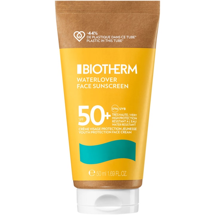 Biotherm Waterlover Face Sunscreen 50 ml solkrem ansikt gir SPF 50 beskyttelse i gul tube med brun topp og hvit kork