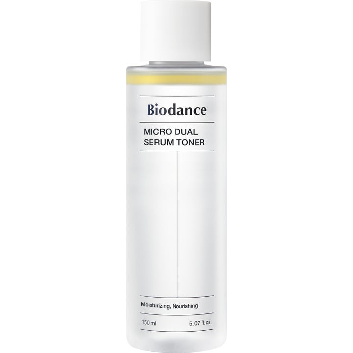 Biodance Micro Dual Serum Toner 150 ml fuktighetsgivende ansiktsvann i frostet flaske med hvit kork og to-faset væske