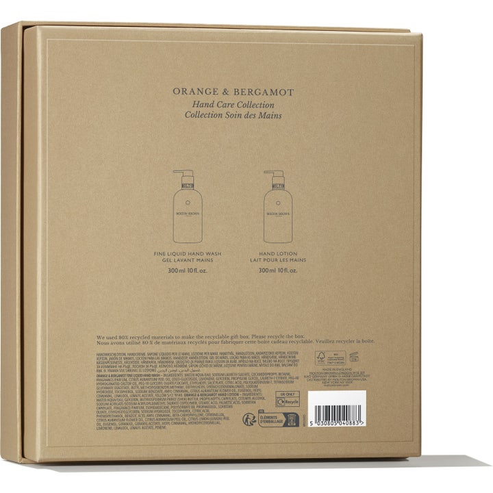 Molton Brown Orange & Bergamot Hand Care Collection 600 ml håndpleie baksiden av beige eske med ingrediensliste.