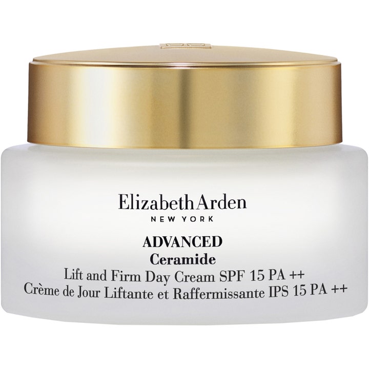 Elizabeth Arden Advanced Ceramide Lift and Firm Day Cream SPF 15 PA ++ oppstrammende ansiktskrem i frostet krukke med gullokk.