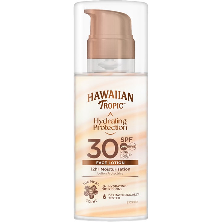 Hawaiian Tropic Hydrating Protection SPF 30 Face Lotion fuktighetsgivende solkrem i pumpeflaske med ferskenfargede striper.