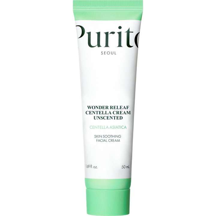 Purito Seoul Wonder Releaf Centella Cream 50 ml parfymefri ansiktskrem i hvit tube med lysegrønn kork og detaljer