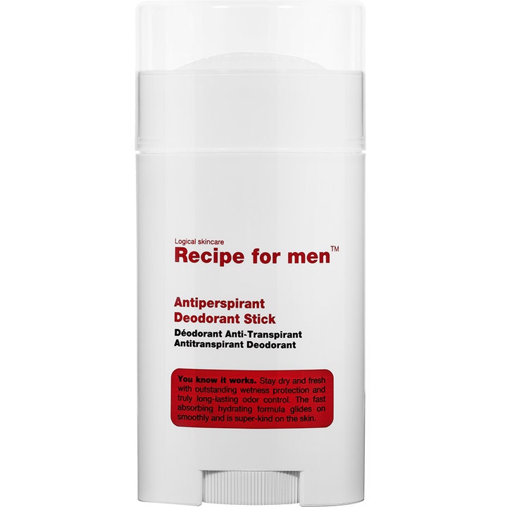 Recipe for men Antiperspirant Deodorant Stick 75 ml mot svette i hvit hylse med gjennomsiktig lokk og rød tekst