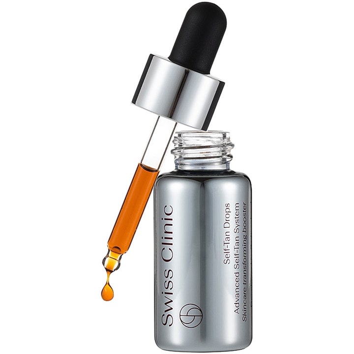 Swiss Clinic Self-Tan Drops 15ml selvbruningsdråper gir glød i sølvfarget flaske med pipette og gyllen væske.