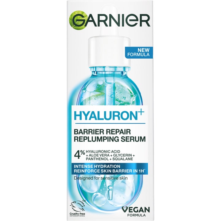Garnier Hyaluron+ Barrier Repair Replumping Serum 30 ml fuktighetsgivende serum i eske med 4% hyaluronsyre.