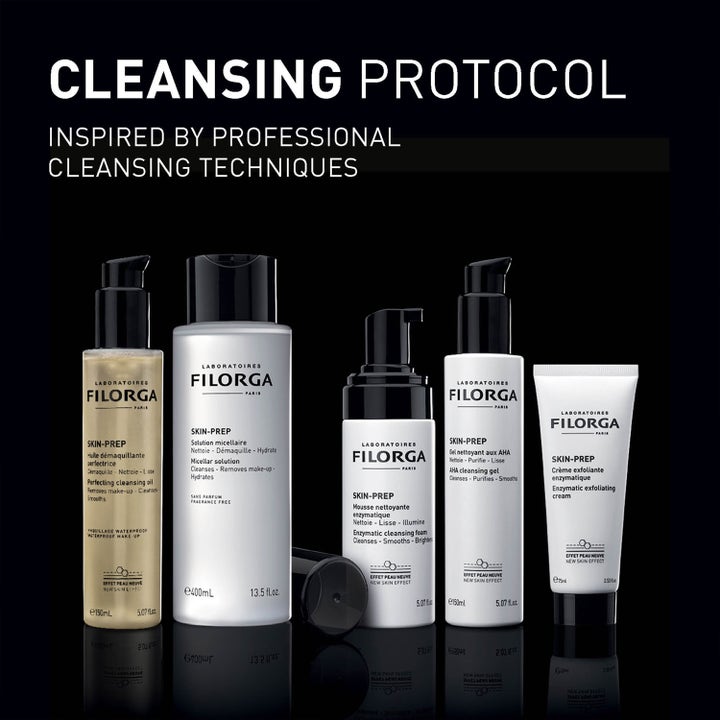 Filorga Skin-Prep Aha Cleansing Gel 150 ml utglattende ansiktsrengjøring i hvit pumpeflaske i en profesjonell serie