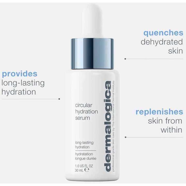 Dermalogica Circular Hydration Serum 30 ml gir fuktighet i hvit flaske med sølvfarget kork og pipette.