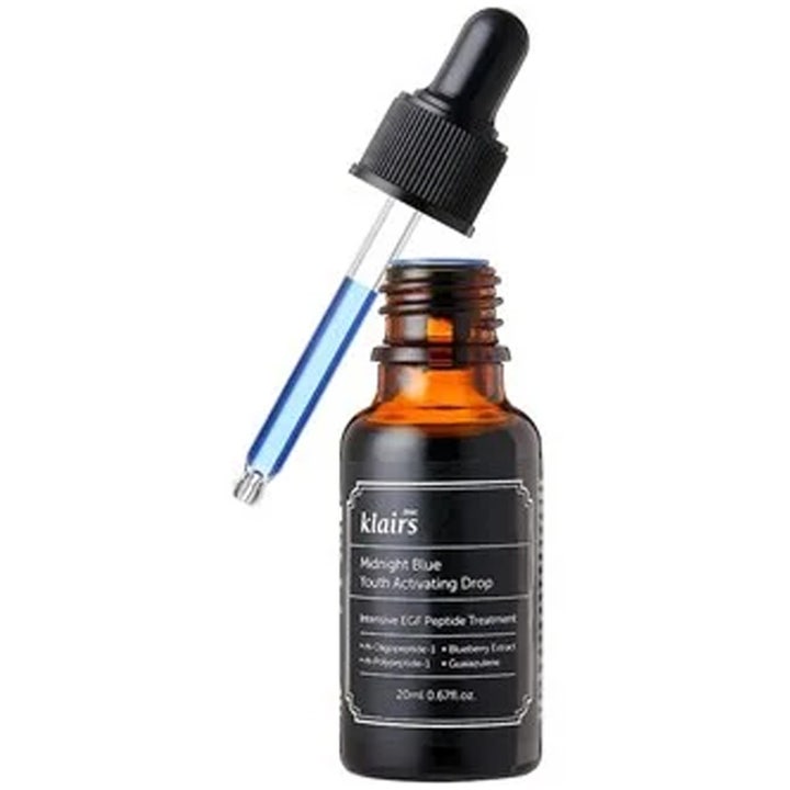 Klairs Midnight Blue Youth Activating Drop 20 ml ansiktsserum motvirker aldringstegn med blått serum i glasspipette.