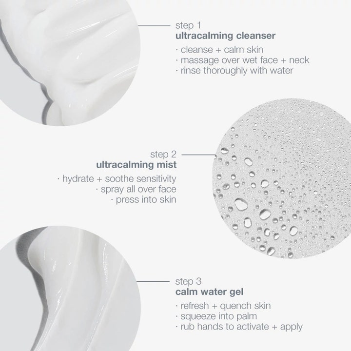 Dermalogica Sensitive Skin Rescue Kit hudpleiesett viser beroligende teksturer av rens mist og fuktighetsgel