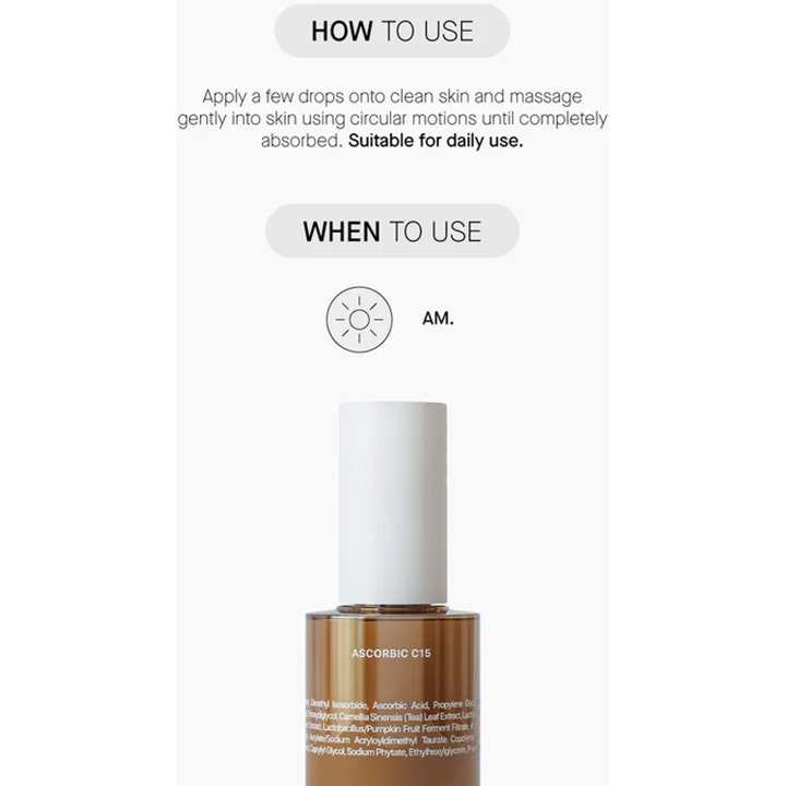 Niche Beauty Lab Transparent Lab Ascorbic C15 Serum 30 ml i ravfarget flaske med instruksjoner for morgenrutinen