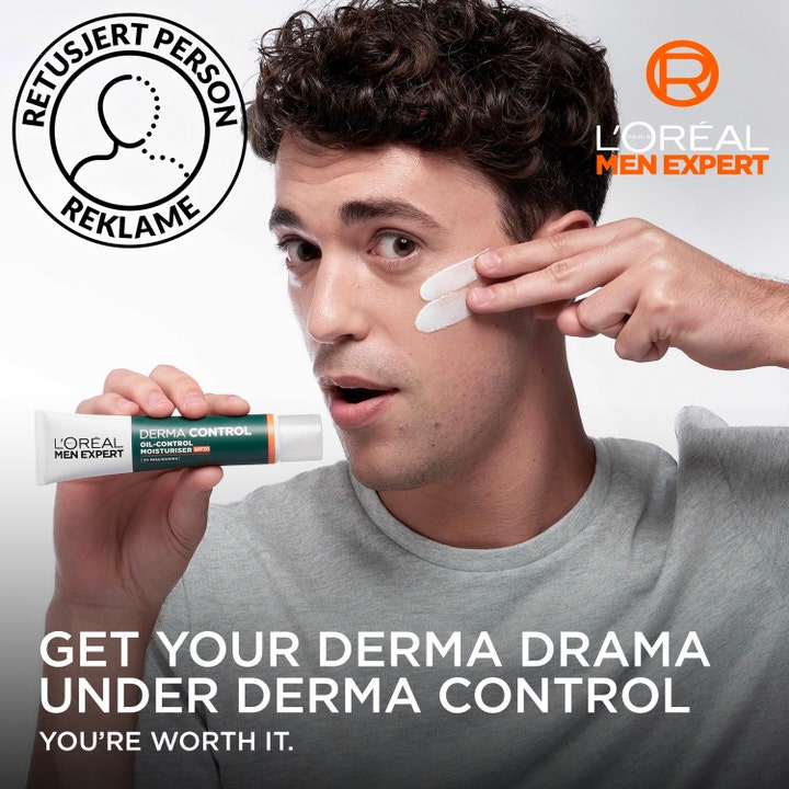 L'Oréal Paris Men Expert Derma Control 40 ml fuktighetskrem med SPF30 påføres ansiktet av en mann.