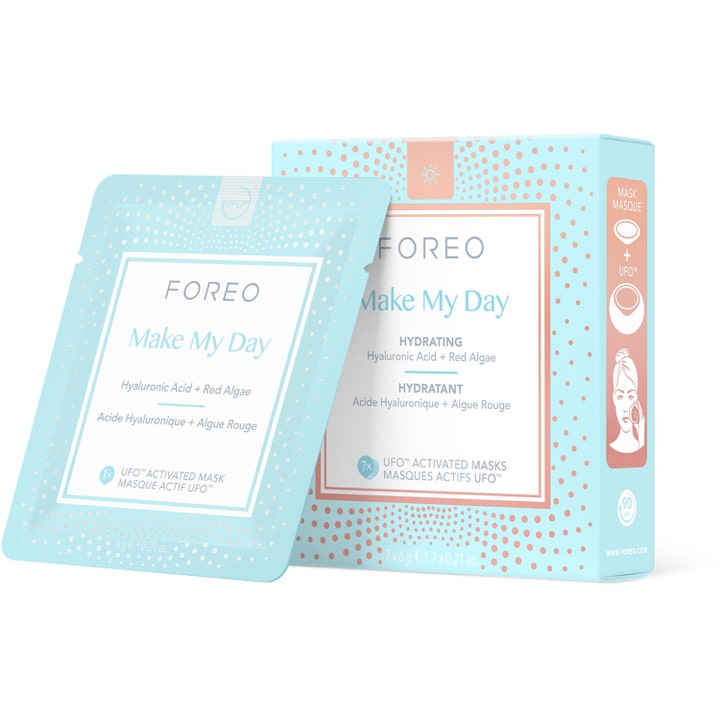 Foreo Make My Day 7-pakning fuktighetsgivende ansiktsmasker i lyseblå eske og pose dekorert med rosa prikker