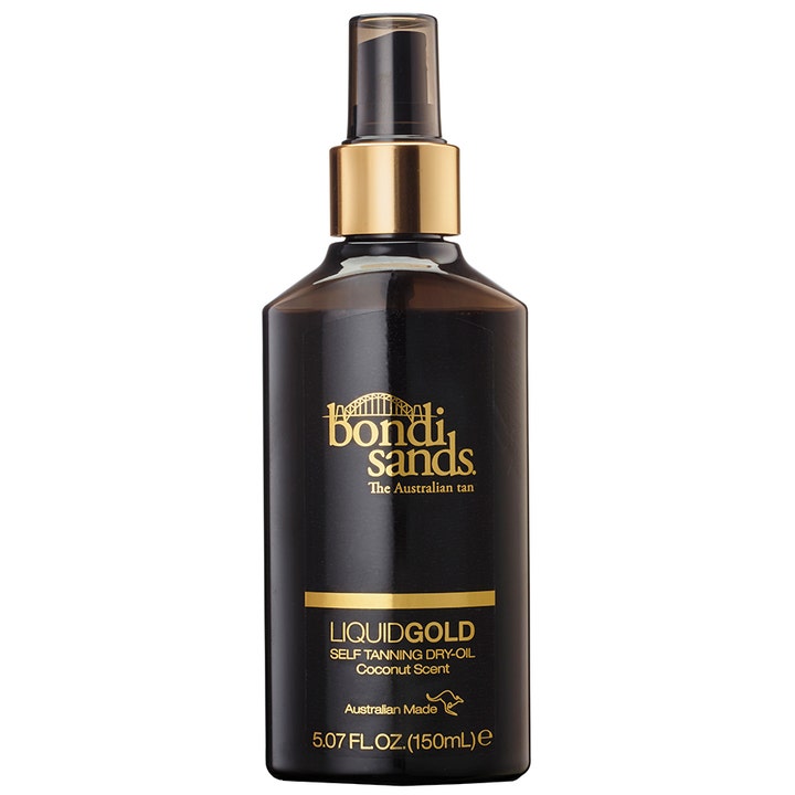 Bondi Sands Liquid Gold 150 ml selvbruning tørrolje i svart sprayflaske med detaljer i gull
