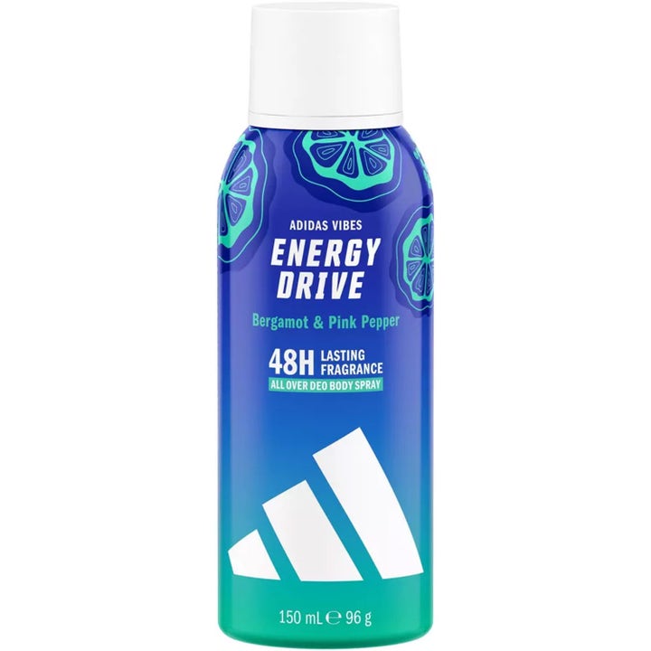 Adidas Vibes Energy Drive 150 ml deospray som gir frisk duft i blå sprayflaske med hvitt lokk