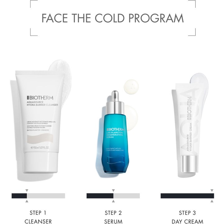 Biotherm Aquasource Hydra Barrier Cream 30 ml fuktighetsgivende dagkrem vist som steg tre i Face the cold program.