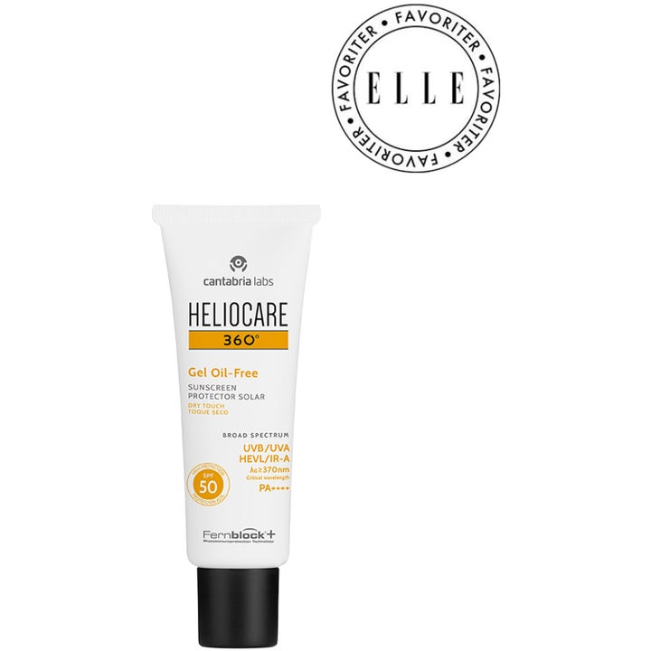 Heliocare 360 Gel Oil-Free 50 ml solkrem gir mattende SPF 50+ beskyttelse i hvit tube med Elle Favoriter-merke.