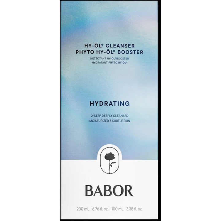 Babor HY-ÖL Cleanser & Phyto HY-ÖL Booster Hydrating 200 ml og 100 ml fuktighetsgivende rens i iridiserende blå eske.