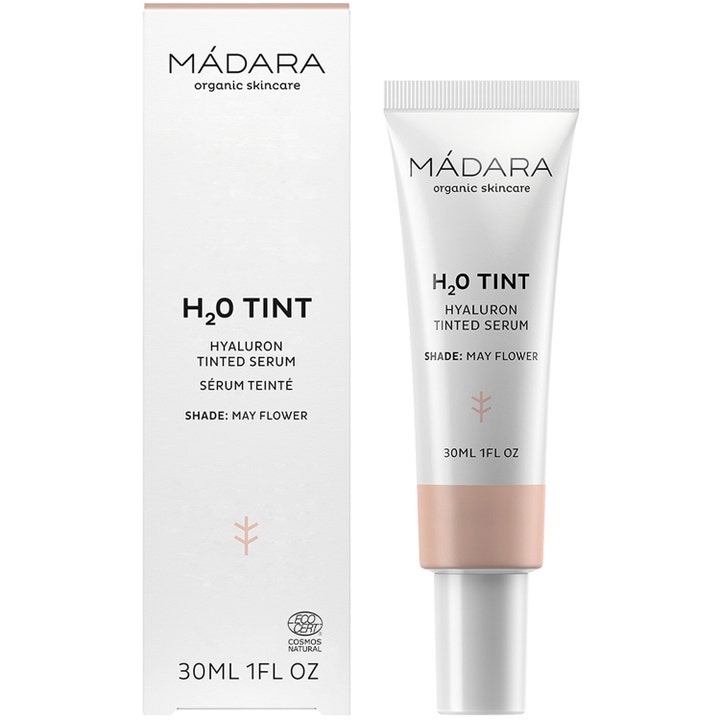 MÁDARA H2O Tint Hyaluron Tinted Serum 30 ml fuktighetsgivende ansiktsserum i hvit tube og eske for naturlig glød.