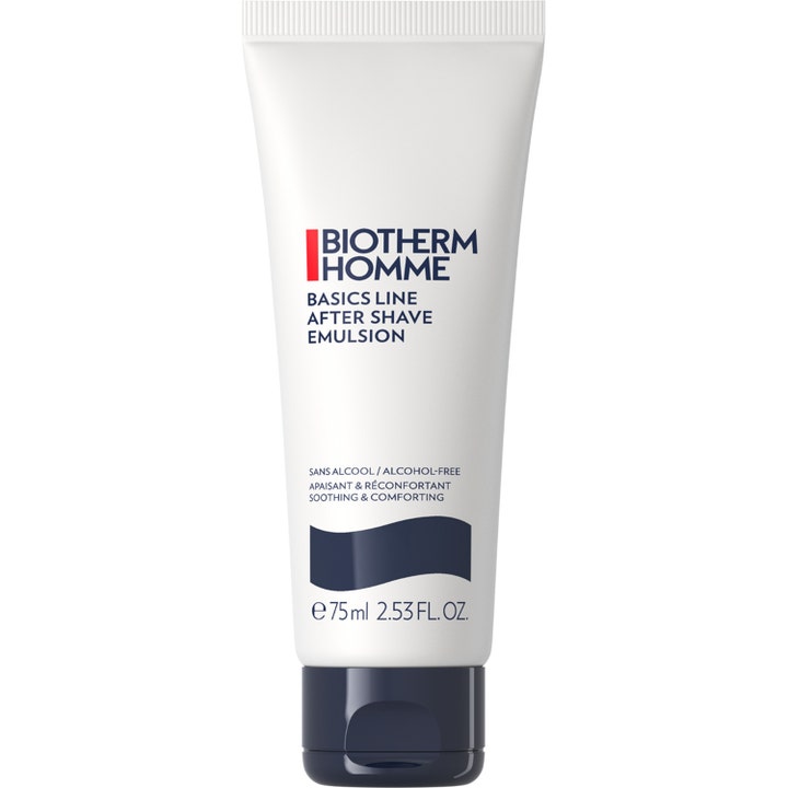 Biotherm Homme Basics Line After Shave Emulsion 75 ml beroligende emulsjon i hvit tube med mørkeblå bølge og lokk