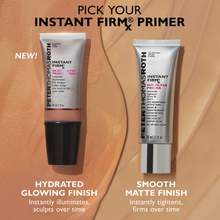 Peter Thomas Roth Instant FIRMx Glow-Filter Priming Serum 30 ml gir glød i en sølvfarget tube med svart kork.