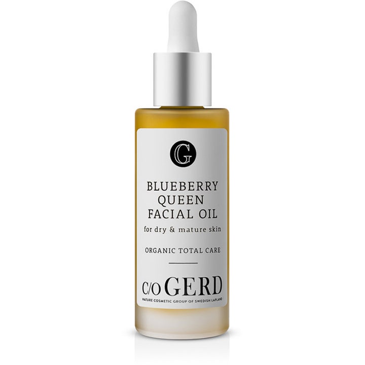 c/o Gerd Blueberry Queen Facial Oil pleiende ansiktsolje for tørr hud i glassflaske med sølvkork og hvit pipette